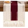 imageSocomi Boho Table Runner Macrame Fall Thanksgiving Farmhouse Woven Cotton Linen Rustic Coffee Table Runner with Tassels for Small Dresser Scarf Home Decor Dining Room 12x72 inch ChampagneBurgundy  Ivory