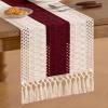 imageSocomi Boho Table Runner Macrame Fall Thanksgiving Farmhouse Woven Cotton Linen Rustic Coffee Table Runner with Tassels for Small Dresser Scarf Home Decor Dining Room 12x72 inch ChampagneBurgundy  Ivory