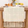 imageSocomi Farmhouse Macrame Plaid Coffee Table Runner  72x13 inches Cotton Rustic Fall Thanksgiving Table Runner with Tassels for Boho Home Decor in Emerald GreenBeige