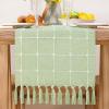 imageSocomi Farmhouse Macrame Plaid Coffee Table Runner  72x13 inches Cotton Rustic Fall Thanksgiving Table Runner with Tassels for Boho Home Decor in Emerald GreenSage Green
