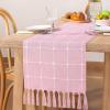 imageSocomi Farmhouse Macrame Plaid Coffee Table Runner  72x13 inches Cotton Rustic Fall Thanksgiving Table Runner with Tassels for Boho Home Decor in Emerald GreenPink