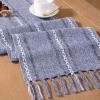 imageSocomi Farmhouse Table Runner 48 inches Macrame Woven Coffee Table Runner Cotton Rustic Fall Thanksgiving Table Runner with Tassels for Boho Home Decor Living Dining Room 13x48 inches BlueDusty Blue