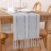 imageSocomi Farmhouse Table Runner 48 inches Macrame Woven Coffee Table Runner Cotton Rustic Fall Thanksgiving Table Runner with Tassels for Boho Home Decor Living Dining Room 13x48 inches BlueSilver