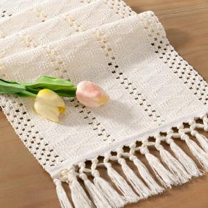 imageSocomi Boho Table Runner Macrame Fall Thanksgiving Farmhouse Woven Cotton Linen Rustic Coffee Table Runner with Tassels for Small Dresser Scarf Home Decor Dining Room 12x72 inch ChampagneCream