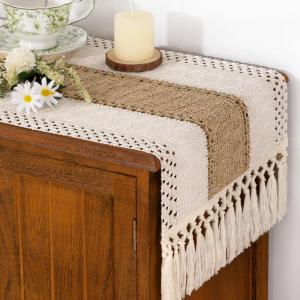 imageSocomi Boho Table Runner Macrame Fall Thanksgiving Farmhouse Woven Cotton Linen Rustic Coffee Table Runner with Tassels for Small Dresser Scarf Home Decor Dining Room 12x72 inch ChampagneBrown  Ivory