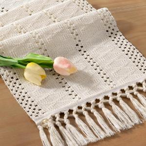 imageSocomi Boho Table Runner Macrame Fall Thanksgiving Farmhouse Woven Cotton Linen Rustic Coffee Table Runner with Tassels for Small Dresser Scarf Home Decor Dining Room 12x72 inch ChampagneBeige