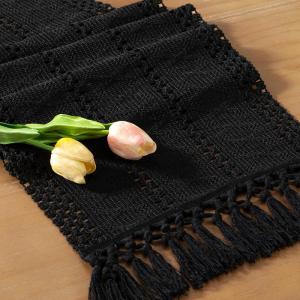 imageSocomi Boho Table Runner Macrame Fall Thanksgiving Farmhouse Woven Cotton Linen Rustic Coffee Table Runner with Tassels for Small Dresser Scarf Home Decor Dining Room 12x72 inch ChampagneBlack