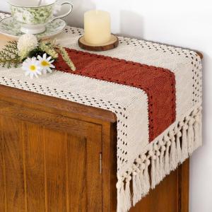 imageSocomi Boho Table Runner Macrame Fall Thanksgiving Farmhouse Woven Cotton Linen Rustic Coffee Table Runner with Tassels for Small Dresser Scarf Home Decor Dining Room 12x72 inch ChampagneTerracotta  Ivory