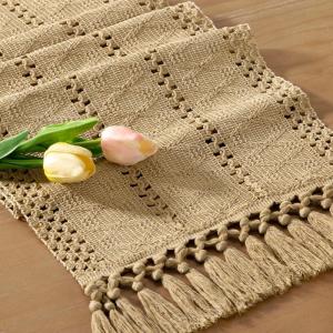 imageSocomi Boho Table Runner Macrame Fall Thanksgiving Farmhouse Woven Cotton Linen Rustic Coffee Table Runner with Tassels for Small Dresser Scarf Home Decor Dining Room 12x72 inch ChampagneChampagne