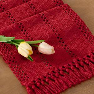 imageSocomi Boho Table Runner Macrame Fall Thanksgiving Farmhouse Woven Cotton Linen Rustic Coffee Table Runner with Tassels for Small Dresser Scarf Home Decor Dining Room 12x72 inch ChampagneRed