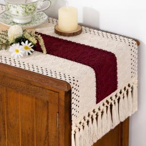 imageSocomi Boho Table Runner Macrame Fall Thanksgiving Farmhouse Woven Cotton Linen Rustic Coffee Table Runner with Tassels for Small Dresser Scarf Home Decor Dining Room 12x72 inch ChampagneBurgundy  Ivory
