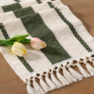imageSocomi Boho Table Runner Macrame Fall Thanksgiving Farmhouse Woven Cotton Linen Rustic Coffee Table Runner with Tassels for Small Dresser Scarf Home Decor Dining Room 12x72 inch ChampagneOlive Green  Ivory