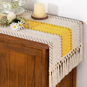 imageSocomi Boho Table Runner Macrame Fall Thanksgiving Farmhouse Woven Cotton Linen Rustic Coffee Table Runner with Tassels for Small Dresser Scarf Home Decor Dining Room 12x72 inch ChampagneYellow  Ivory