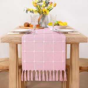 imageSocomi Farmhouse Macrame Plaid Coffee Table Runner  72x13 inches Cotton Rustic Fall Thanksgiving Table Runner with Tassels for Boho Home Decor in Emerald GreenPink