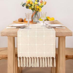 imageSocomi Farmhouse Macrame Plaid Coffee Table Runner  72x13 inches Cotton Rustic Fall Thanksgiving Table Runner with Tassels for Boho Home Decor in Emerald GreenBeige