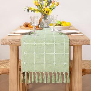 imageSocomi Farmhouse Macrame Plaid Coffee Table Runner  72x13 inches Cotton Rustic Fall Thanksgiving Table Runner with Tassels for Boho Home Decor in Emerald GreenSage Green