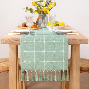 imageSocomi Farmhouse Macrame Plaid Coffee Table Runner  72x13 inches Cotton Rustic Fall Thanksgiving Table Runner with Tassels for Boho Home Decor in Emerald GreenEmerald Green