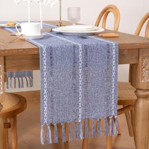 imageSocomi Farmhouse Table Runner 48 inches Macrame Woven Coffee Table Runner Cotton Rustic Fall Thanksgiving Table Runner with Tassels for Boho Home Decor Living Dining Room 13x48 inches BlueDusty Blue