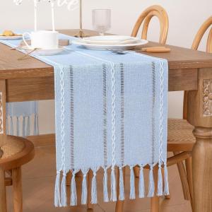 imageSocomi Farmhouse Table Runner 48 inches Macrame Woven Coffee Table Runner Cotton Rustic Fall Thanksgiving Table Runner with Tassels for Boho Home Decor Living Dining Room 13x48 inches BlueBlue