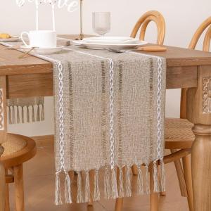 imageSocomi Farmhouse Table Runner 48 inches Macrame Woven Coffee Table Runner Cotton Rustic Fall Thanksgiving Table Runner with Tassels for Boho Home Decor Living Dining Room 13x48 inches BlueNude