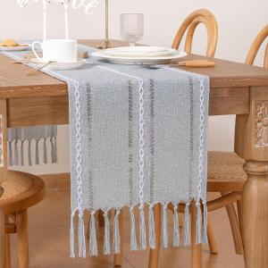 imageSocomi Farmhouse Table Runner 48 inches Macrame Woven Coffee Table Runner Cotton Rustic Fall Thanksgiving Table Runner with Tassels for Boho Home Decor Living Dining Room 13x48 inches BlueSilver