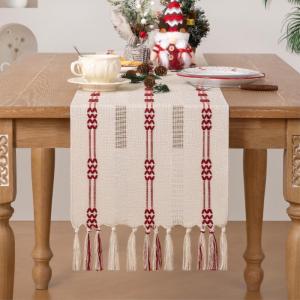 imageSocomi Farmhouse Table Runner 48 inches Macrame Woven Coffee Table Runner Cotton Rustic Fall ThanksgivingTable Runner with Tassels for Boho Home Decor Dining Living Room 13x48 inches NudeChristmas Red