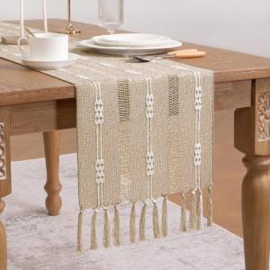 imageSocomi Farmhouse Table Runner 48 inches Macrame Woven Coffee Table Runner Cotton Rustic Fall ThanksgivingTable Runner with Tassels for Boho Home Decor Dining Living Room 13x48 inches NudeNude
