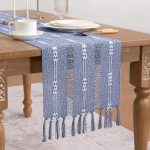imageSocomi Farmhouse Table Runner 48 inches Macrame Woven Coffee Table Runner Cotton Rustic Fall ThanksgivingTable Runner with Tassels for Boho Home Decor Dining Living Room 13x48 inches NudeDusty Blue