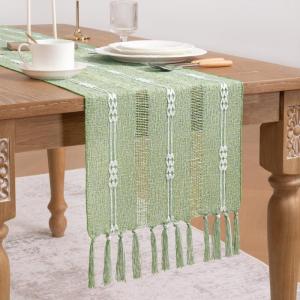imageSocomi Farmhouse Table Runner 48 inches Macrame Woven Coffee Table Runner Cotton Rustic Fall ThanksgivingTable Runner with Tassels for Boho Home Decor Dining Living Room 13x48 inches NudeSage Green