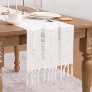 imageSocomi Farmhouse Table Runner 48 inches Macrame Woven Coffee Table Runner Cotton Rustic Fall ThanksgivingTable Runner with Tassels for Boho Home Decor Dining Living Room 13x48 inches NudeCream Ivory