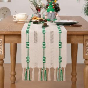 imageSocomi Farmhouse Table Runner 48 inches Macrame Woven Coffee Table Runner Cotton Rustic Fall ThanksgivingTable Runner with Tassels for Boho Home Decor Dining Living Room 13x48 inches NudeChristmas Green
