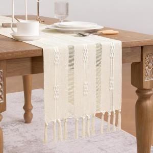 imageSocomi Farmhouse Table Runner 48 inches Macrame Woven Coffee Table Runner Cotton Rustic Fall ThanksgivingTable Runner with Tassels for Boho Home Decor Dining Living Room 13x48 inches NudeBeige