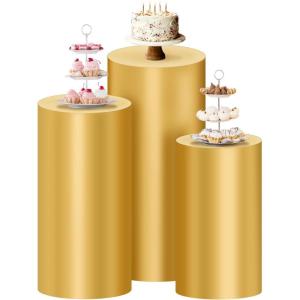 imageSocomi Cylinder Pedestal Stand Covers Spandex Flexible Display Box Stand Covers for Birthday Party Wedding Baby Shower Decoration Only Stand Covers Included Set of 3 BlackGold