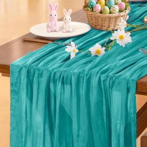 imageSocomi Beige Cheesecloth Table Runner Easter Spring Boho Rustic Gauze 120 inch 10FT Cheese Cloth Runner for Wedding Party Baby Shower Birthday Home Decor Holiday DecorationsTeal Blue