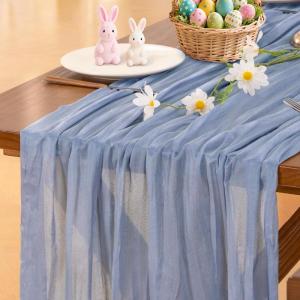 imageSocomi Beige Cheesecloth Table Runner Easter Spring Boho Rustic Gauze 120 inch 10FT Cheese Cloth Runner for Wedding Party Baby Shower Birthday Home Decor Holiday DecorationsDusty Blue