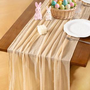imageSocomi Easter Spring Table Runner Pastel Stripe Floral Cheesecloth Gauze 120 Inch Rustic Boho Cheese Cloth Runner for Wedding Party Baby Bridal Shower Decoration Holiday Home DecorationsBeige