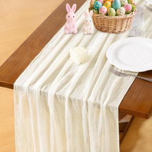 imageSocomi Easter Spring Table Runner Pastel Stripe Floral Cheesecloth Gauze 120 Inch Rustic Boho Cheese Cloth Runner for Wedding Party Baby Bridal Shower Decoration Holiday Home DecorationsIvory
