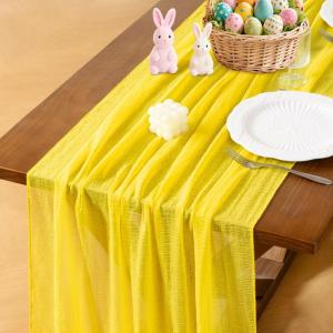 imageSocomi Easter Spring Table Runner Pastel Stripe Floral Cheesecloth Gauze 120 Inch Rustic Boho Cheese Cloth Runner for Wedding Party Baby Bridal Shower Decoration Holiday Home DecorationsYellow