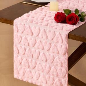 imageSocomi Red Heart Valentines Day Romantic Plush Fluffy Faux Fur Jacquard Table Runner for Holiday Kitchen Dining Table Decoration Home Party Decor 13x72 InchPink Fluffy Heart